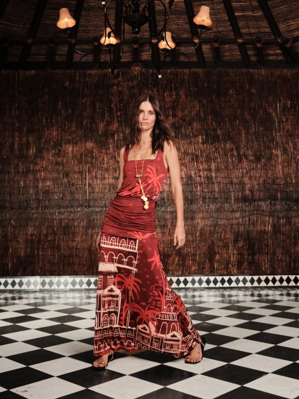 Johanna Ortiz Red Printed Ruched Maxi Dress